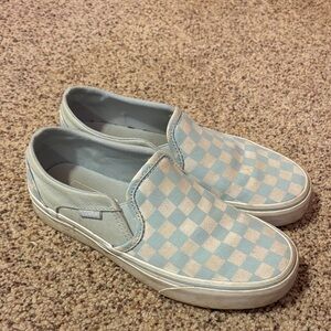 Vans Light Blue and White Checkered Slip-On Sneakers